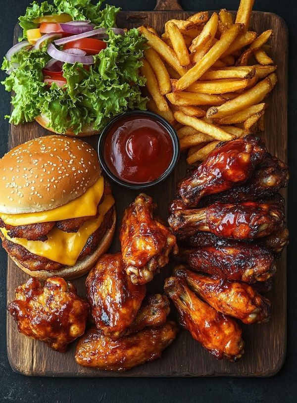 Crispy fried chicken platter with fries and burgers
